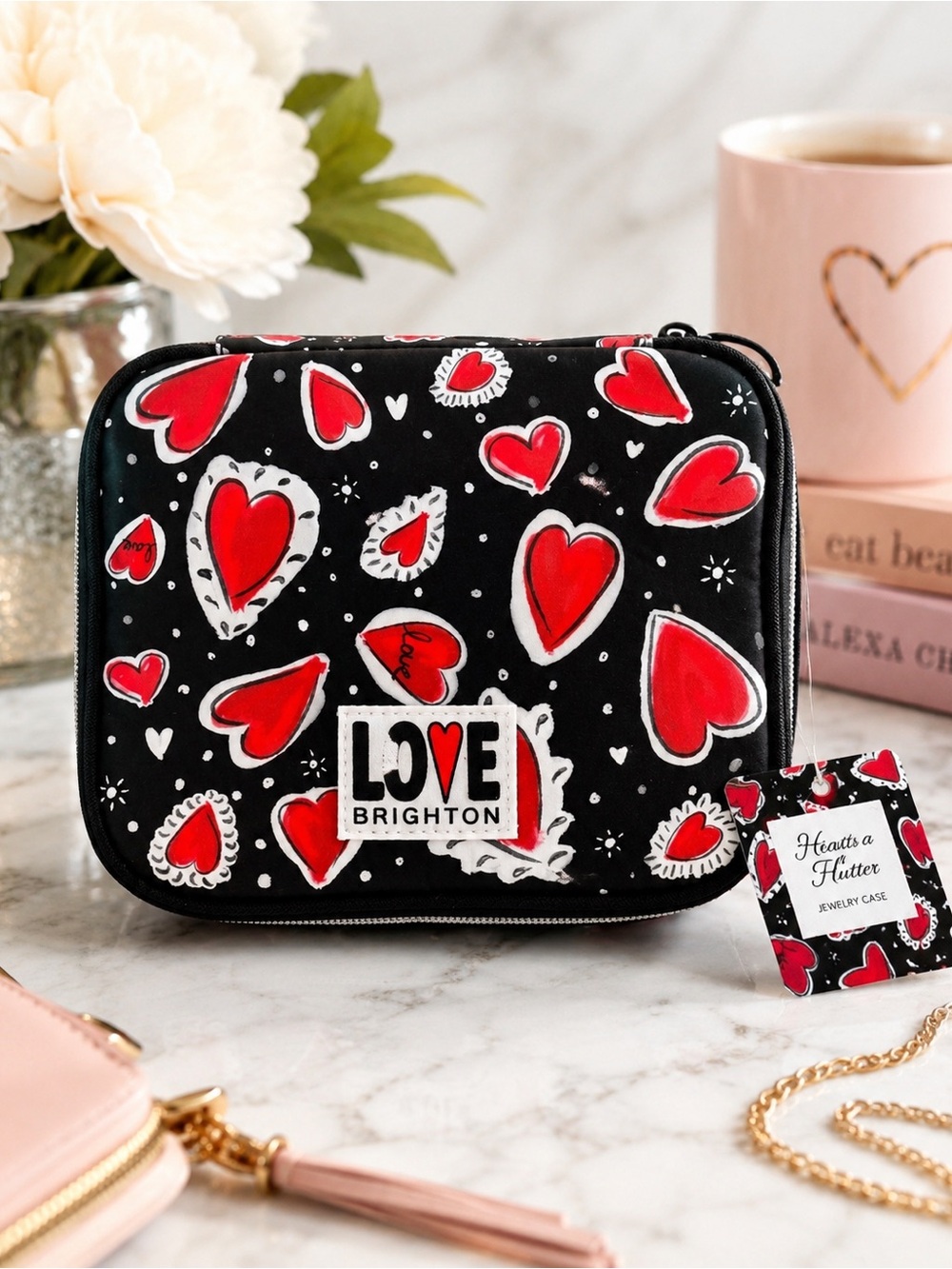 Brighton Hearts A Flutter Travel Jewelry Case NWT Black Red Heart Print